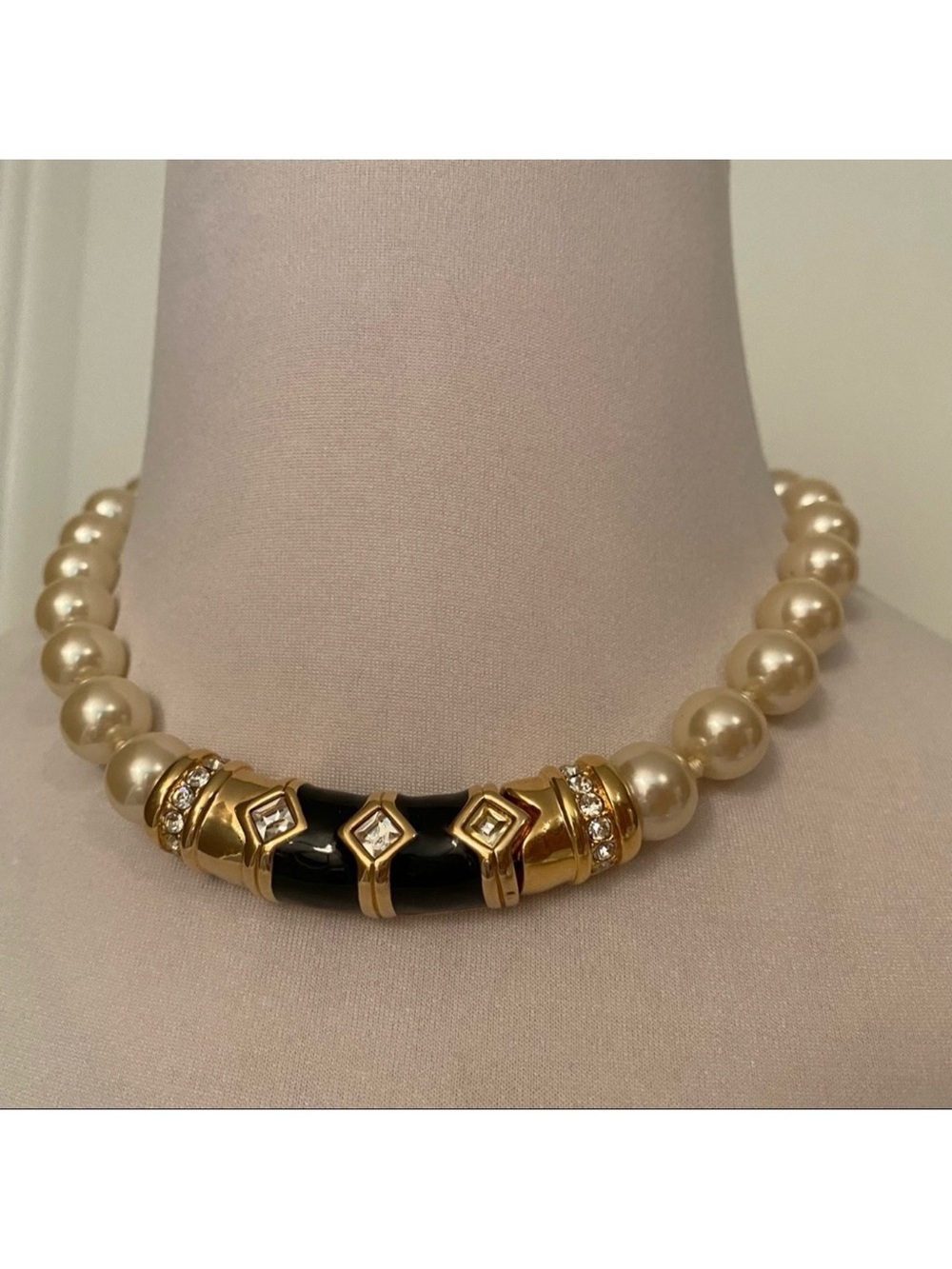SWAROVSKI NECKLACE CHOKER PEARLS GOLD BLACK ENAMEL CRYSTALS 17” STATEMENT
